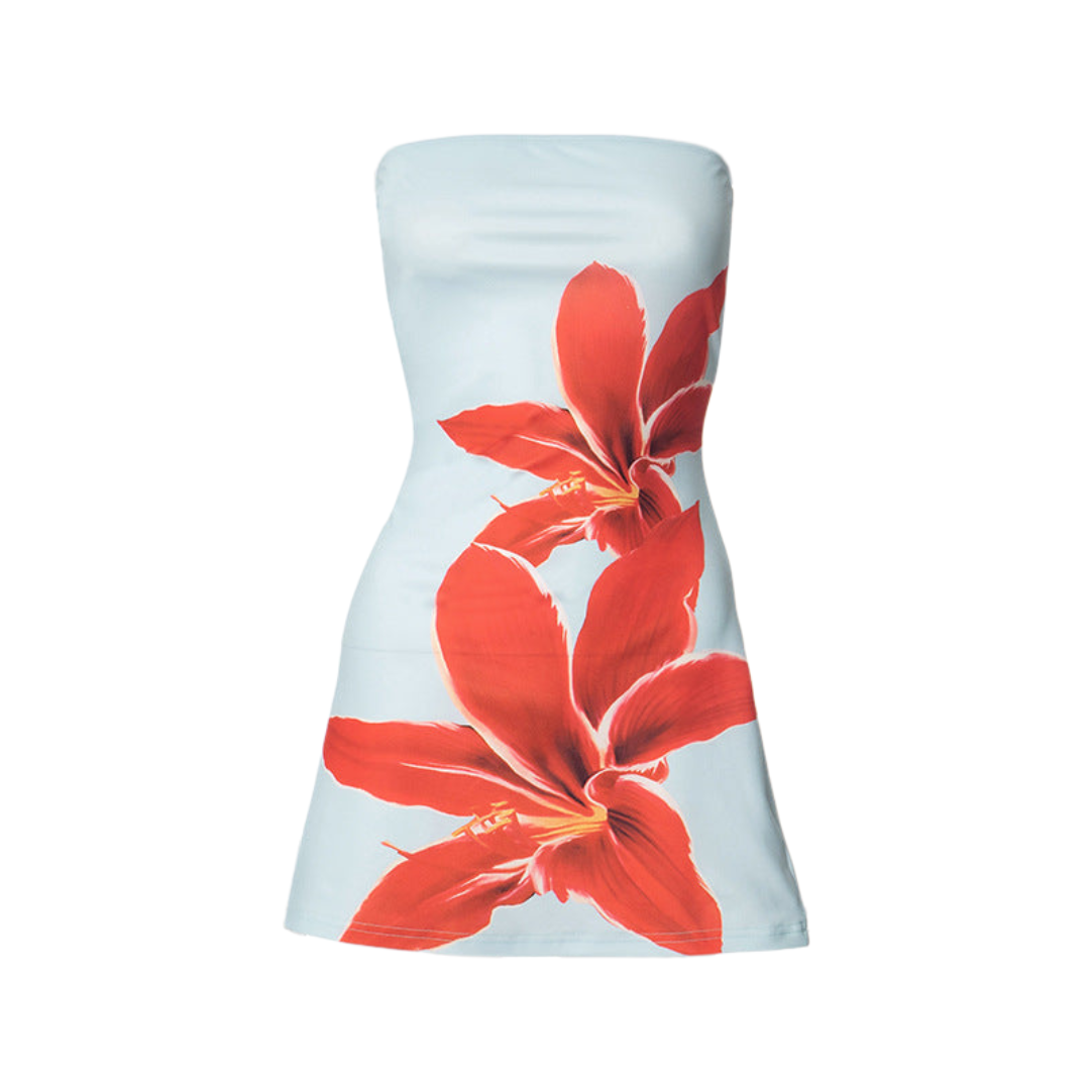 Women's Mini Dress – Strapless – Bodycon Fit – Satin Look – Floral Party Design