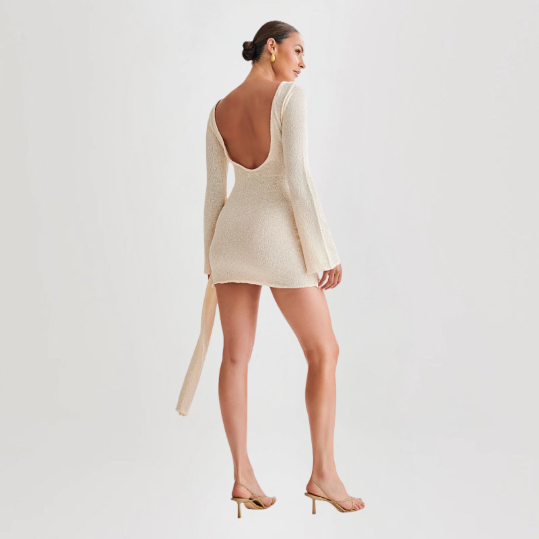Women's Dress – Mini Tight Fit – Knit with Long Sleeves – Ruched Side with Drawstring