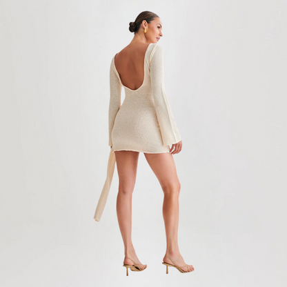 Women's Dress – Mini Tight Fit – Knit with Long Sleeves – Ruched Side with Drawstring