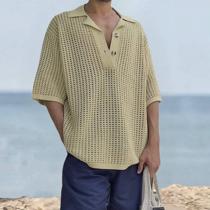 Men's Sweater – Open Knit – Oversized Fit – Short Sleeves – Notch Lapel