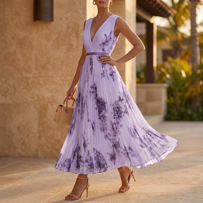 Pleated Belted A-Line Maxi Dress for Women – Elegant Floral Style