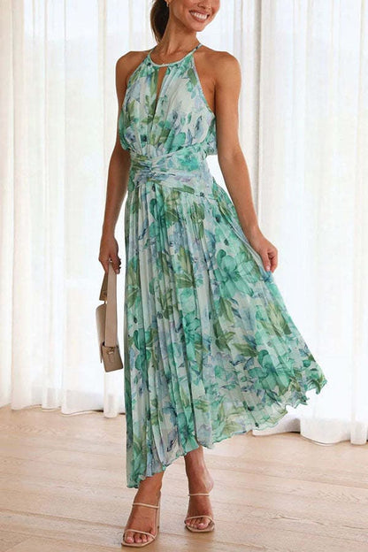 Women's Maxi Dress - Halterneck with Deep V-Neckline - Sleeveless and Flowy Fit