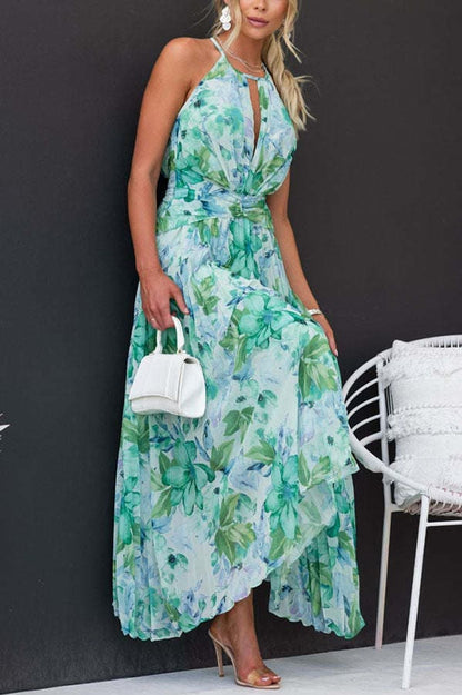 Women's Maxi Dress - Halterneck with Deep V-Neckline - Sleeveless and Flowy Fit