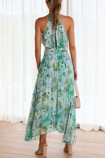 Women's Maxi Dress - Halterneck with Deep V-Neckline - Sleeveless and Flowy Fit