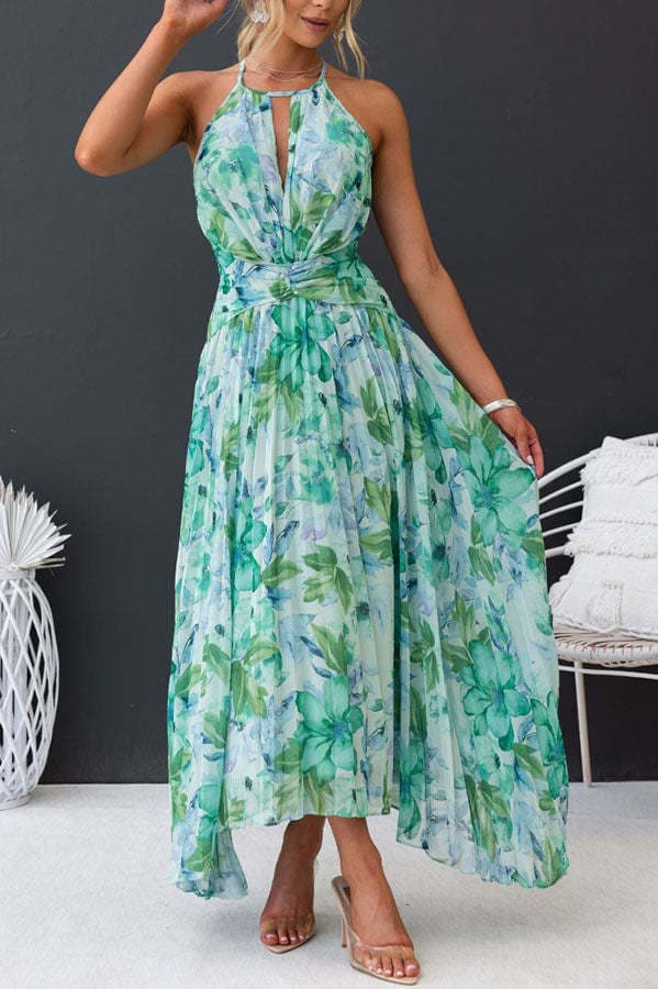 Women's Maxi Dress - Halterneck with Deep V-Neckline - Sleeveless and Flowy Fit
