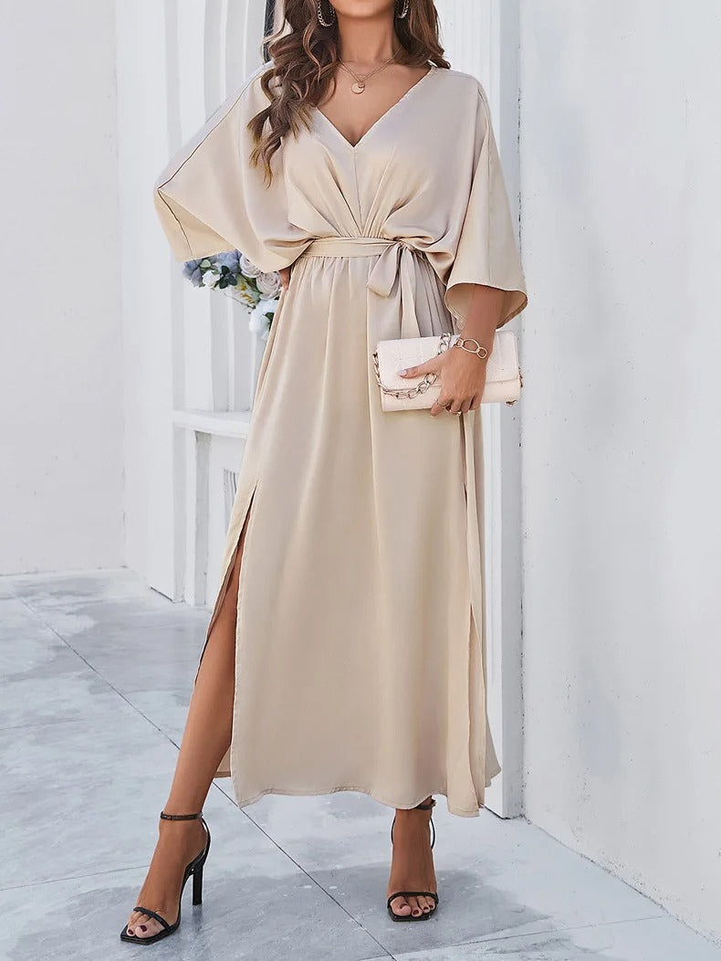 Women's Kimono Maxi Dress - V-Neck - Tie Belt - Loose Fit - Elegant Party Look