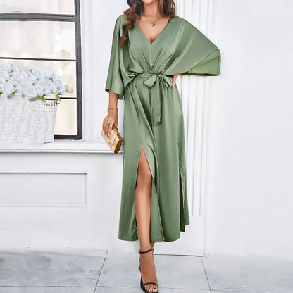 Women's Kimono Maxi Dress - V-Neck - Tie Belt - Loose Fit - Elegant Party Look