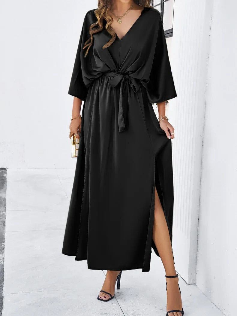 Women's Kimono Maxi Dress - V-Neck - Tie Belt - Loose Fit - Elegant Party Look