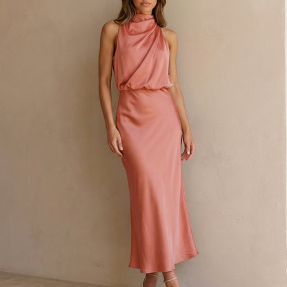 Draped Twisted Neck Blouson A-Line Maxi Dress for Women – Elegant Formal Style