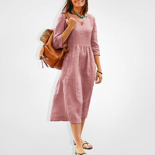 Dress for Women - Midi Length - V-Neck - Lightweight Cotton - Loose Fit - 3/4 Sleeves