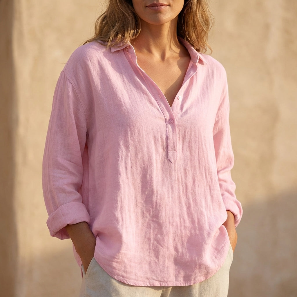 Relaxed Fit Collared Henley Neck Popover Blouse for Women – Casual Comfort & Style