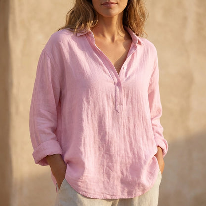 Relaxed Fit Collared Henley Neck Popover Blouse for Women – Casual Comfort & Style