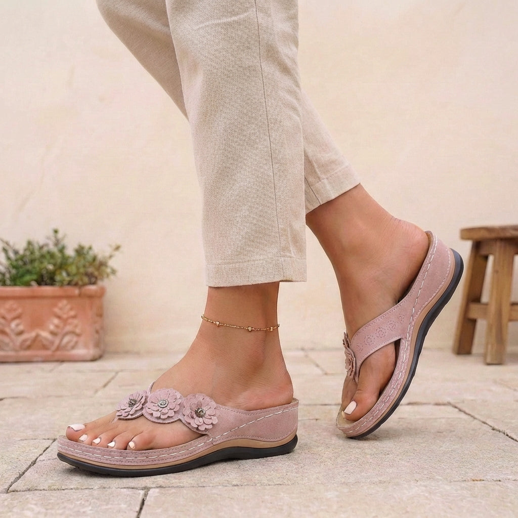 Floral Applique Wedge Flip-Flop Sandals for Women – Orthopedic Comfort & Style