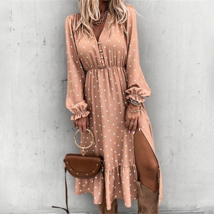 Women's Midi Dress - V-neck - Short Puff Sleeves - Fitted Waist - Floral Print - Slit