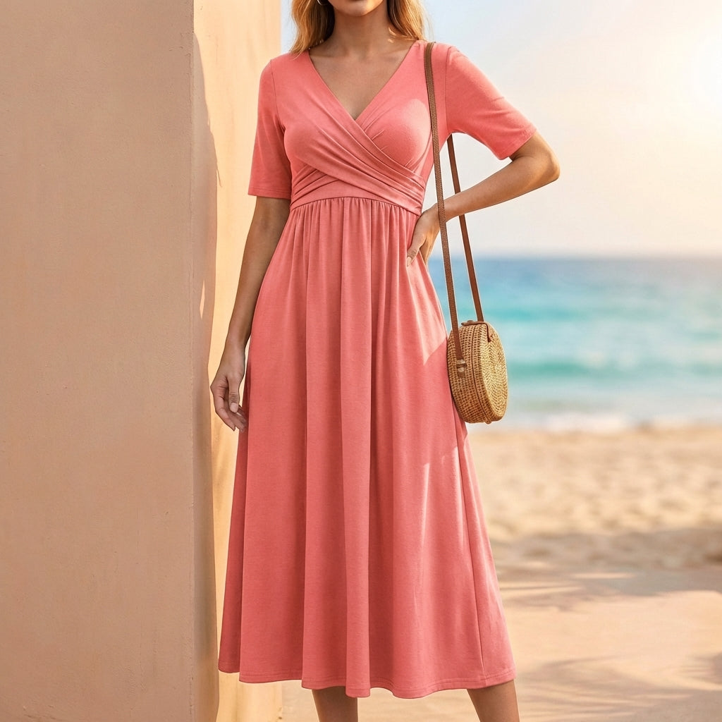 A-Line Wrap Bodice Midi Dress for Women – Elegant Comfortable Design