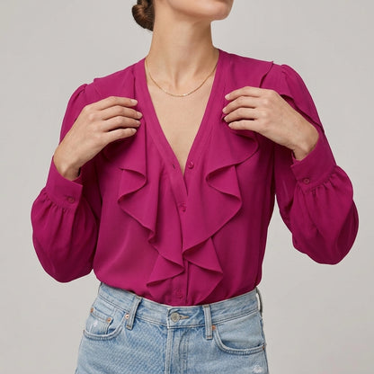 Layered Ruffle V-Neck Blouse for Women – Chic Feminine Elegance