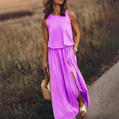 Women's Maxi Dress - Sleeveless and Light - Elastic Waist - Elegant with Side Slit