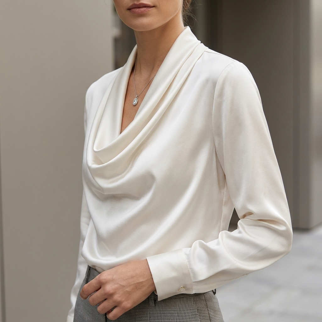 Draped Cowl Neck Button Cuff Blouse for Women – Elegant Formal Style