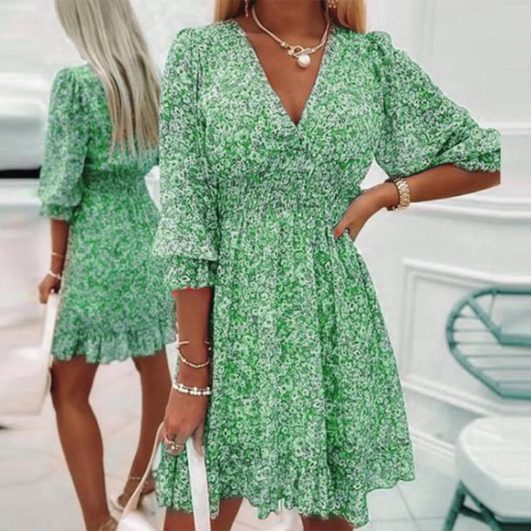 Women's Dress - A-line Fit - V-neck - 3/4 Sleeves - Elastic Waist - Floral Pattern