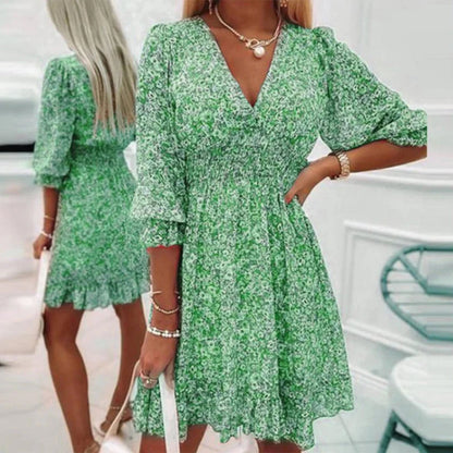 Women's Dress - A-line Fit - V-neck - 3/4 Sleeves - Elastic Waist - Floral Pattern