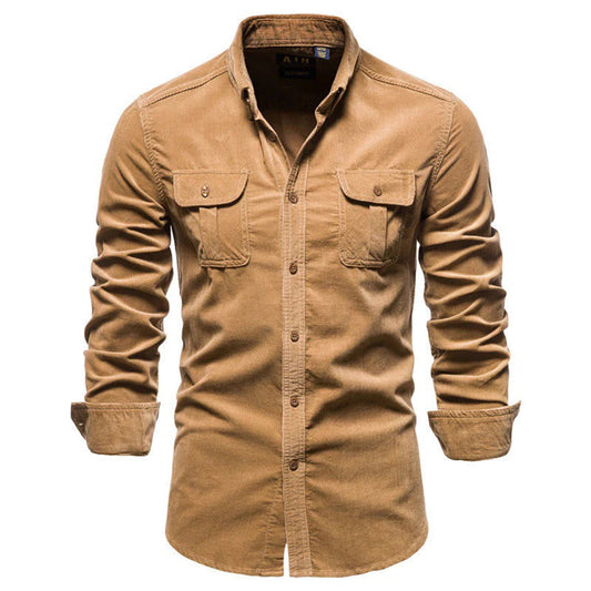 Men's Shirt - Long-Sleeved Corduroy - Button Closure - Classic Collar - Casual Fit