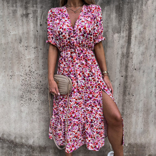 Women's Midi Dress - Floral Print - V-Neck - Short Sleeves with Ruffle Details - Elastic Waist