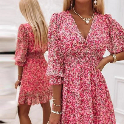 Women's Dress - A-line Fit - V-neck - 3/4 Sleeves - Elastic Waist - Floral Pattern
