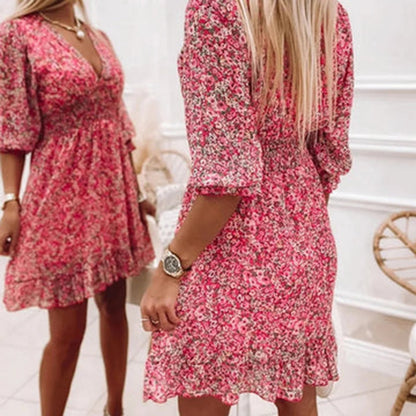 Women's Dress - A-line Fit - V-neck - 3/4 Sleeves - Elastic Waist - Floral Pattern