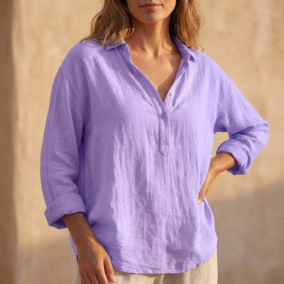 Relaxed Fit Collared Henley Neck Popover Blouse for Women – Casual Comfort & Style