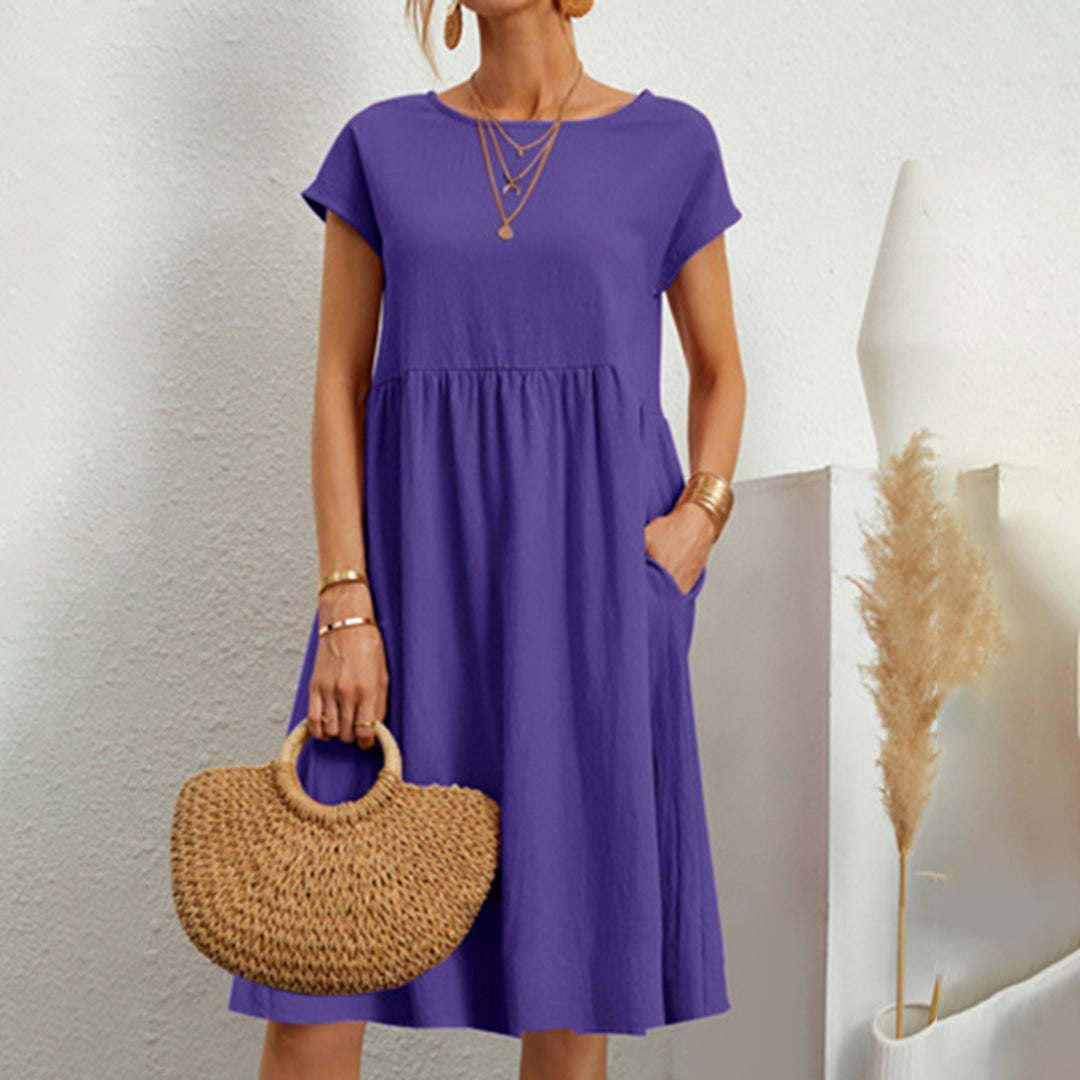 Women's Dress - Loose Fit - Round Neck - Short Sleeves - Light and Breathable