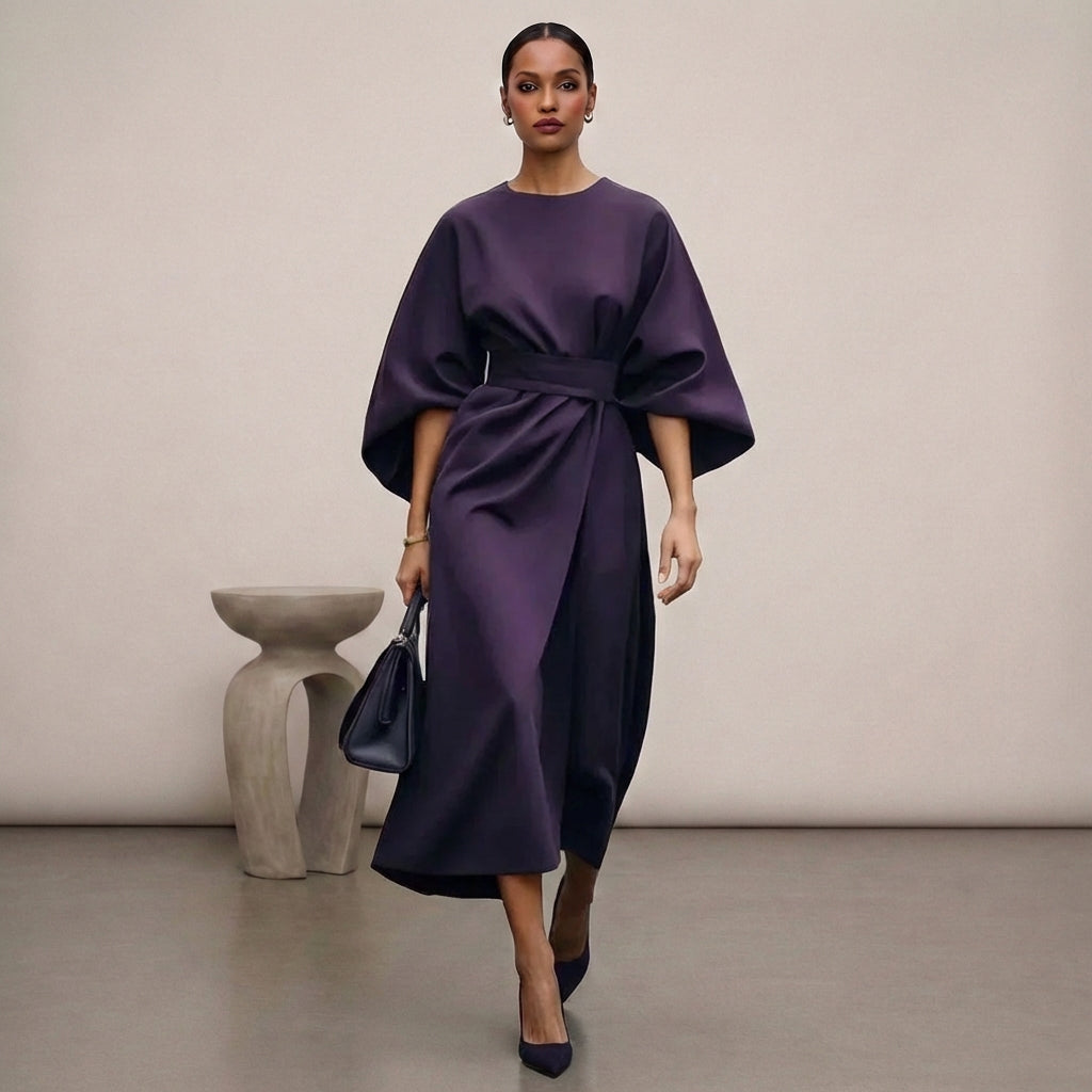 Relaxed Fit Belted Draped Midi Dress for Women – Elegant Stylish Comfort
