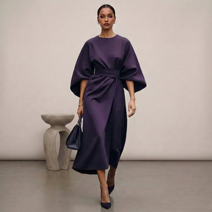 Relaxed Fit Belted Draped Midi Dress for Women – Elegant Stylish Comfort