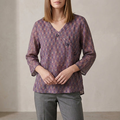 Relaxed Fit Printed V-Neck Blouse for Women – Effortless Casual Elegance