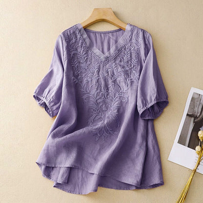Embroidered V Neck Blouse for Women – Relaxed Bohemian Elegance