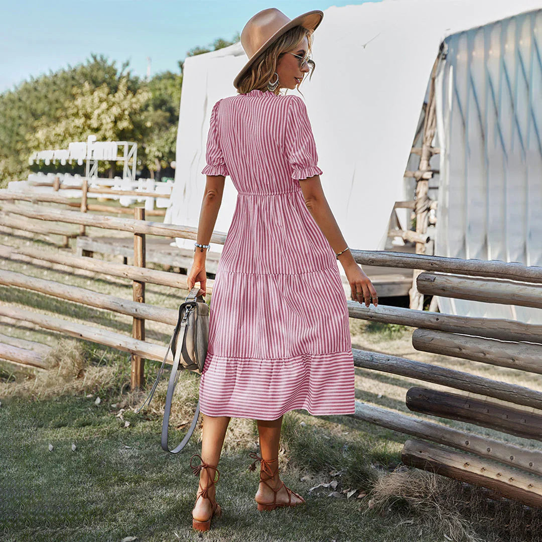 Women's Dress - Bohemian V-neck - Button Closure - Puff Sleeves - Light and Breathable
