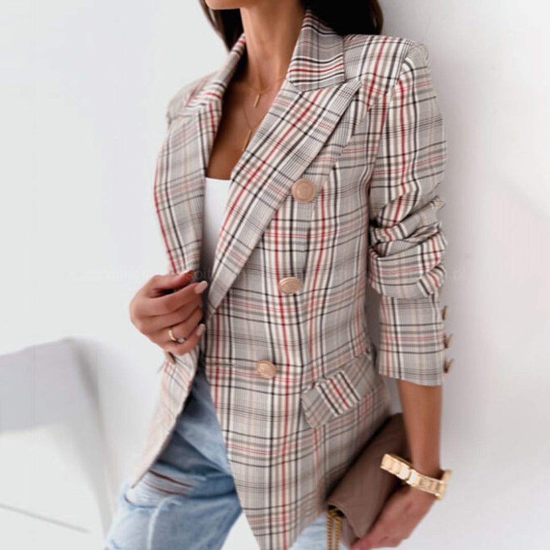 Women's Blazer - Checkered Pattern - Tailored Fit - Double-Breasted with Buttons - Classic Look