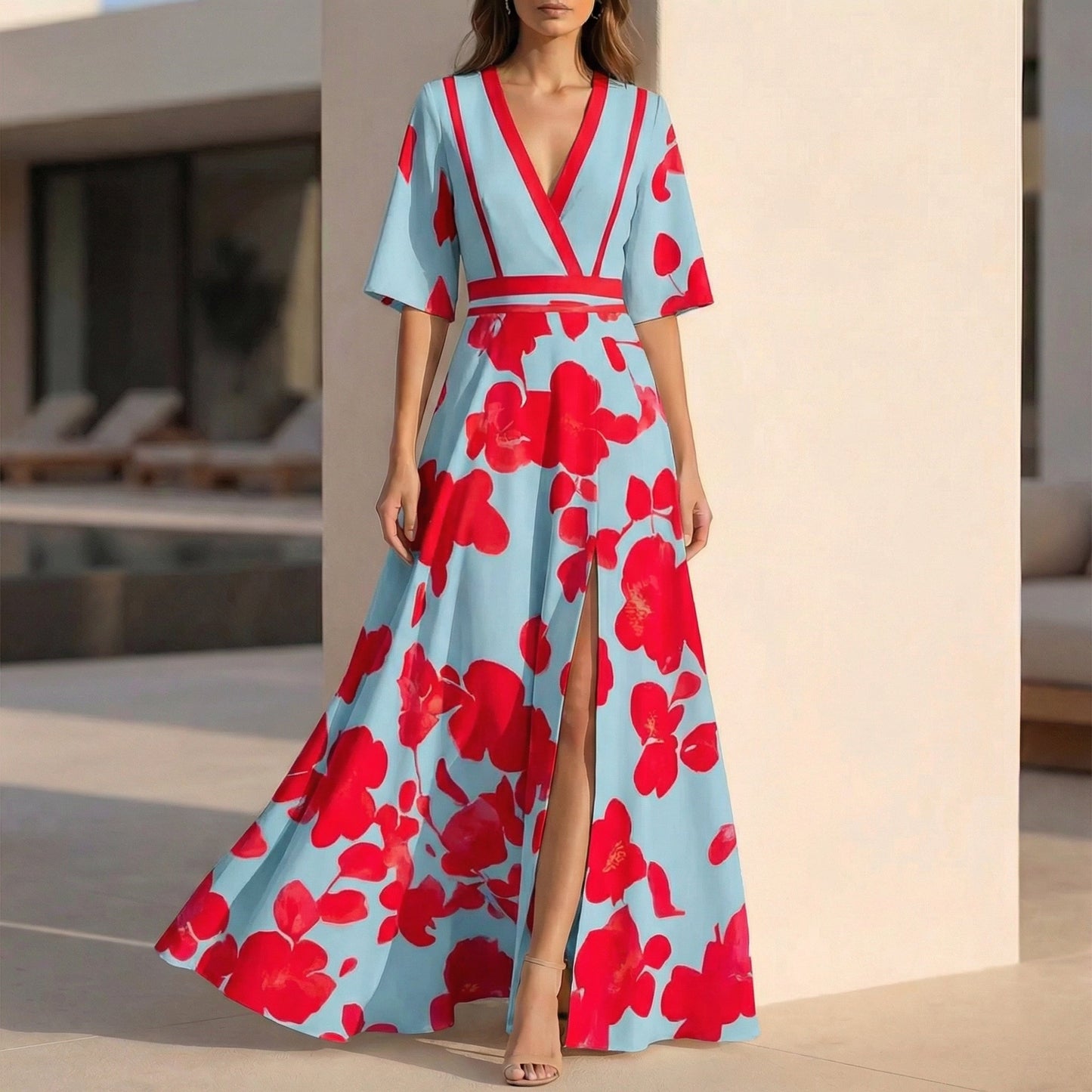 Floral Print Maxi Wrap Dress for Women – Elegant Flowing Style
