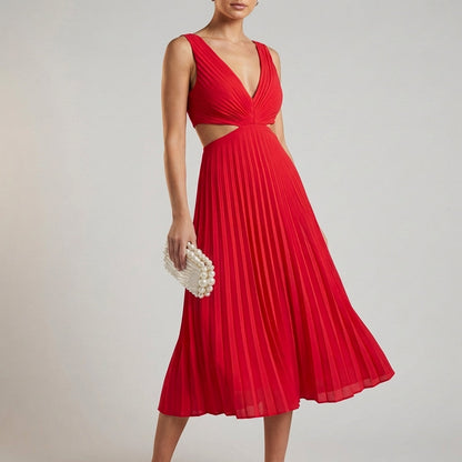 Pleated Cutout Midi Dress for Women – Graceful Elegance & Flowing Style
