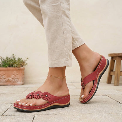 Floral Applique Wedge Flip-Flop Sandals for Women – Orthopedic Comfort & Style