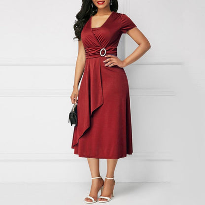 Women's Midi Dress - Wrap Design - V-Neck - Short Sleeves - Elegant Waist Belt