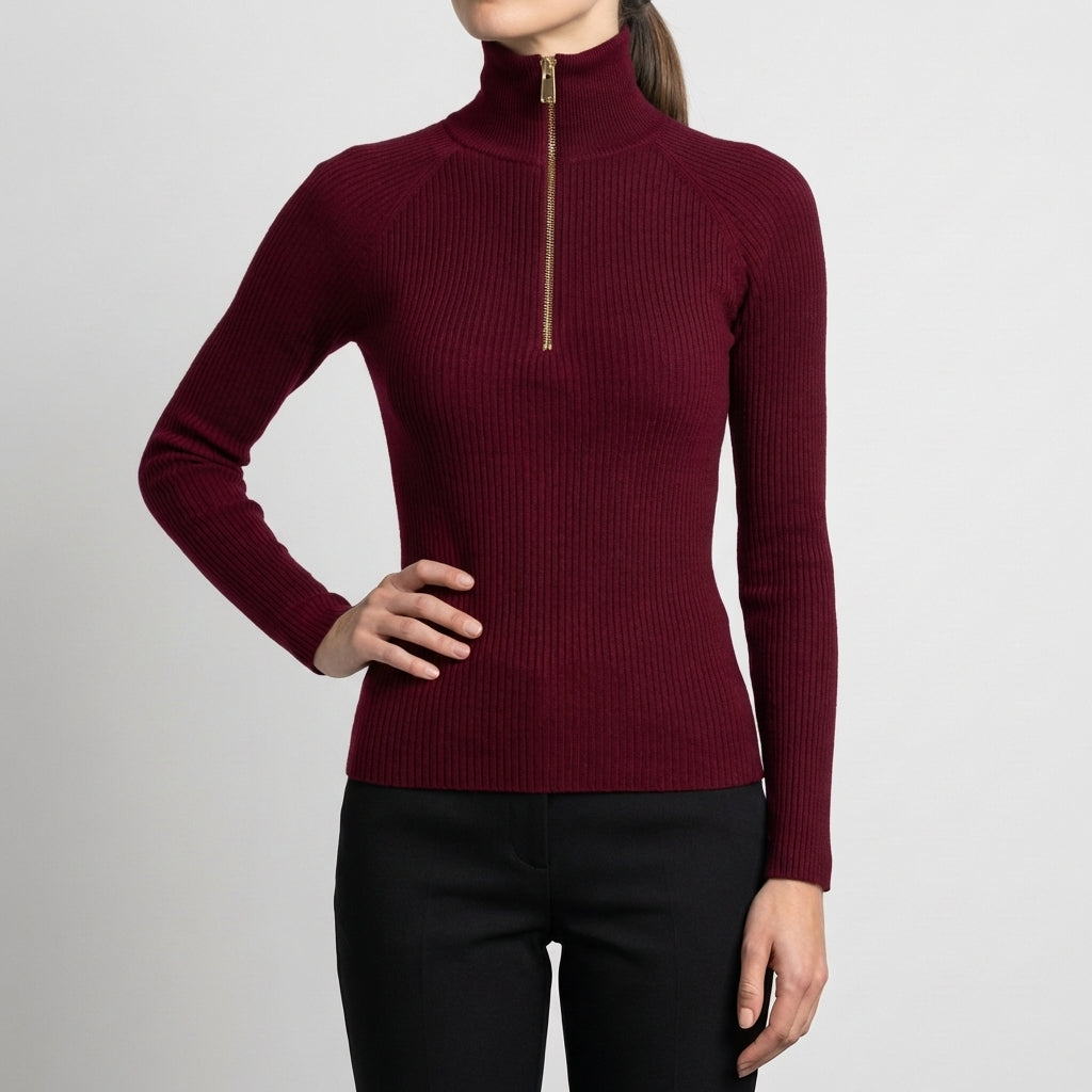 Quarter-Zip Ribbed Slim Fit Turtleneck Top for Women – Flattering Everyday Style