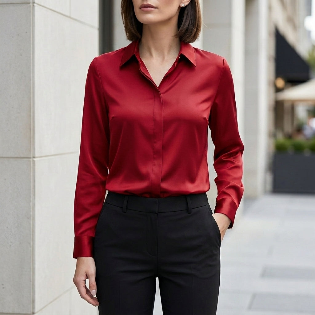 Elegant Satin Button-Up Blouse for Women – Sophisticated Office Style