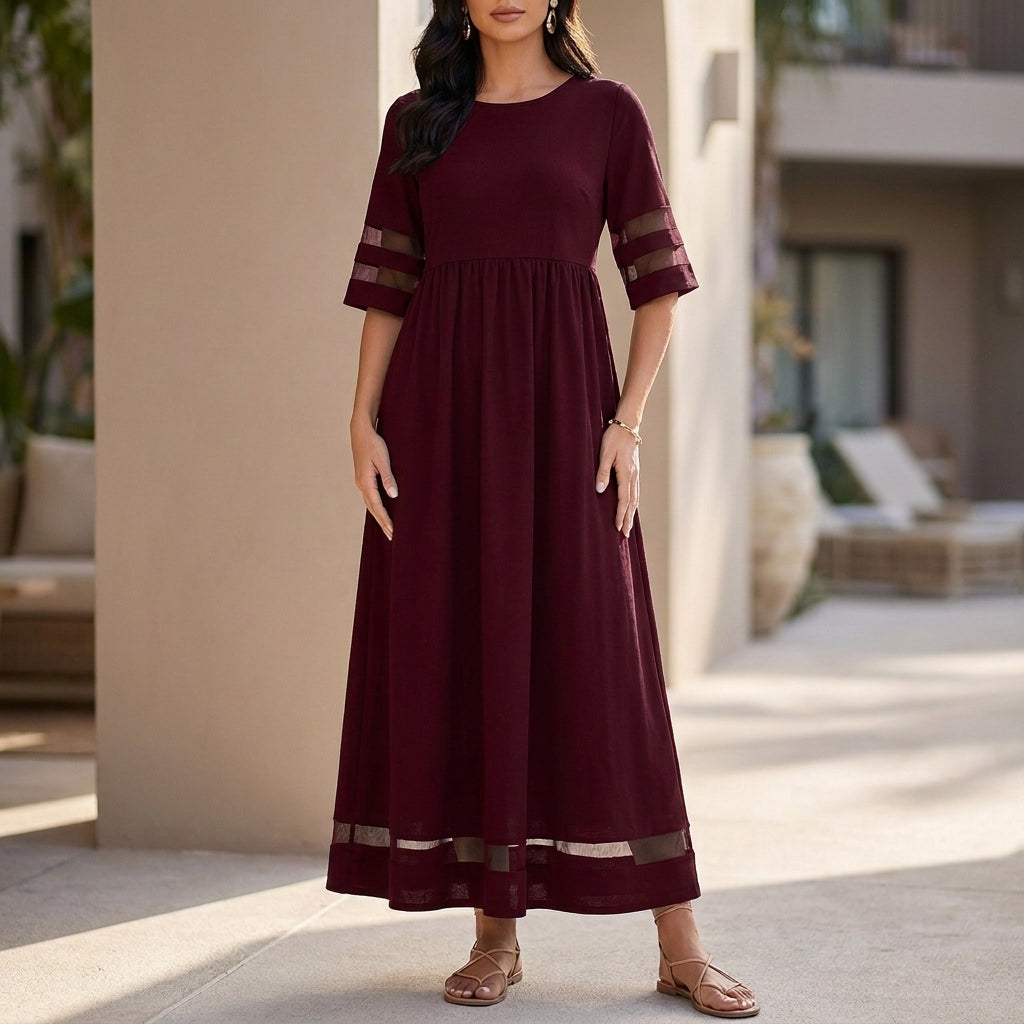 Sheer Panel Gathered Waist A-Line Maxi Dress for Women – Elegant Casual Comfort
