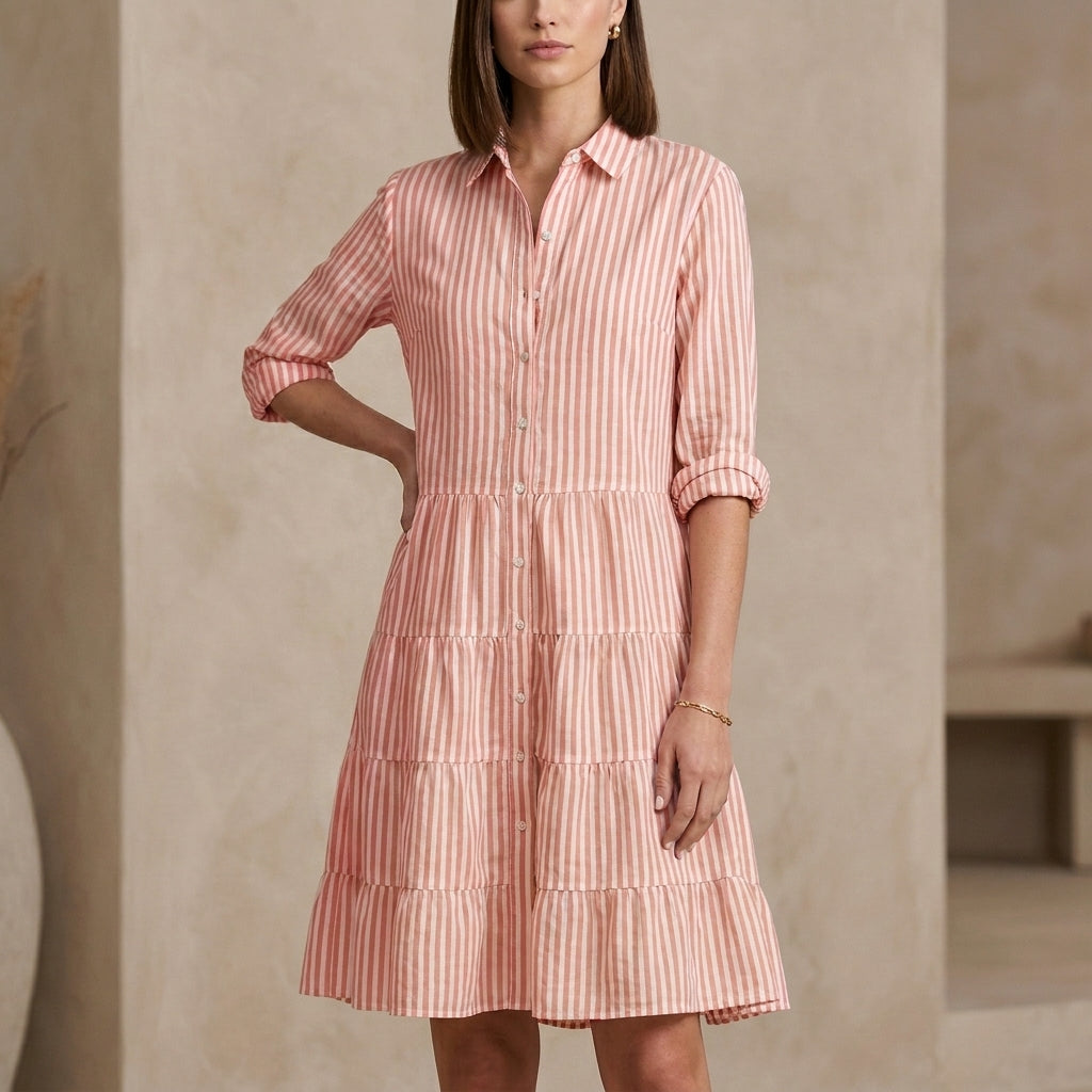Relaxed Fit Tiered Striped Shirt Dress for Women – Stylish Casual Comfort