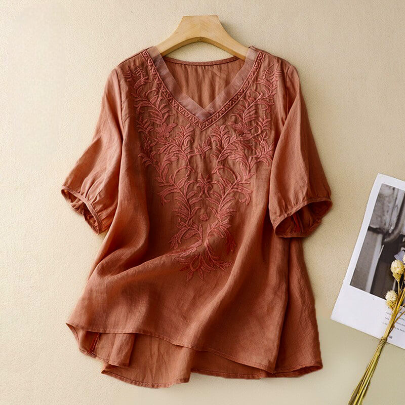 Embroidered V Neck Blouse for Women – Relaxed Bohemian Elegance