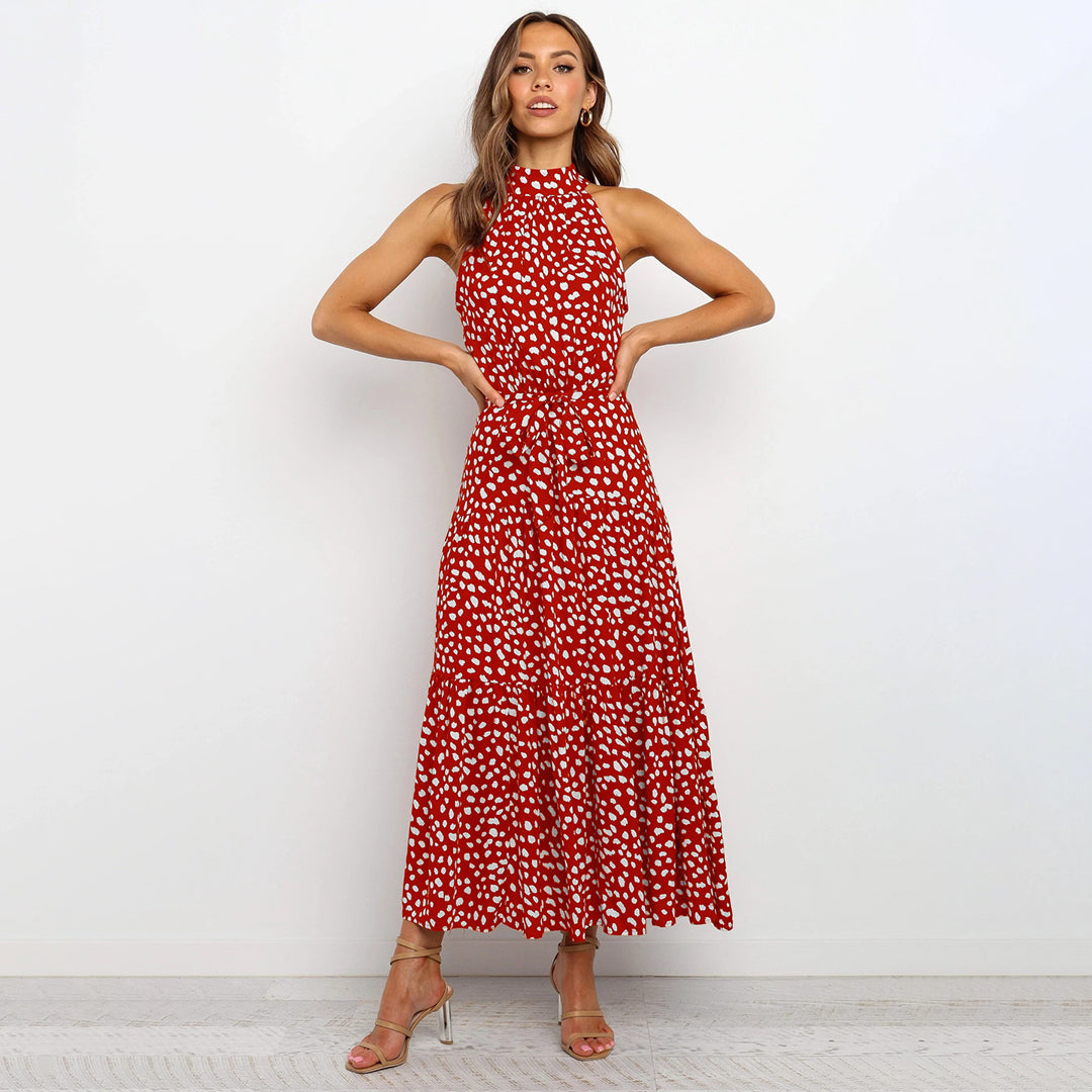 Women's Midi Dress - Sleeveless Halterneck - Waistband & Polka Dot Pattern - Loose Fit