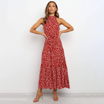 Women's Midi Dress - Sleeveless Halterneck - Waistband & Polka Dot Pattern - Loose Fit