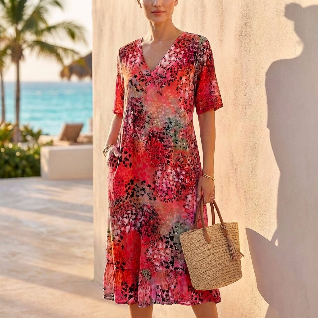 Printed V-Neck Midi Dress for Women – Effortless Comfort & Everyday Elegance