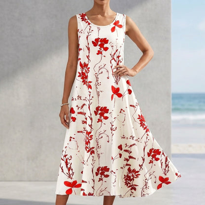Floral A-Line Sleeveless Midi Dress for Women – Stylish & Functional