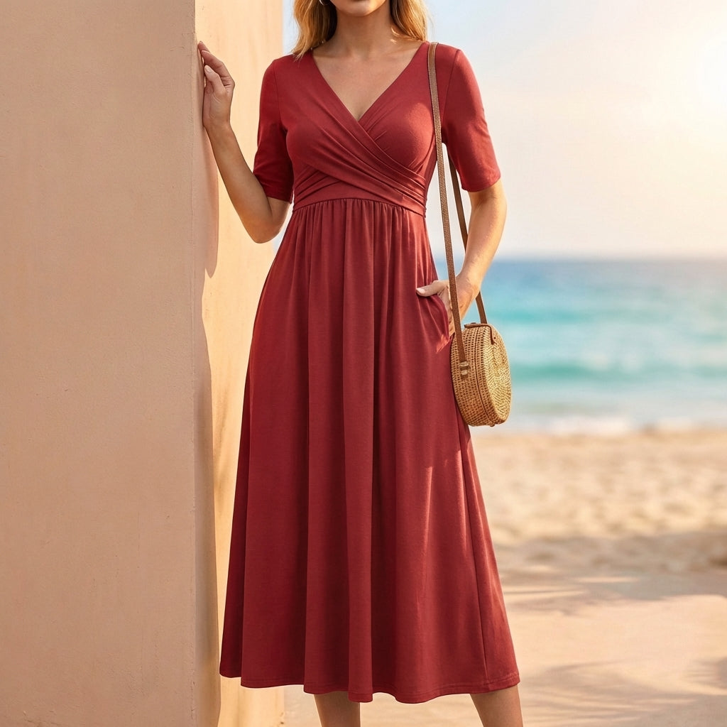 A-Line Wrap Bodice Midi Dress for Women – Elegant Comfortable Design